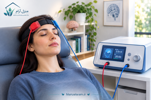 دستگاه TDCS برای تحریک الکتریکی مغز با الکترودهای قرارگرفته روی سر